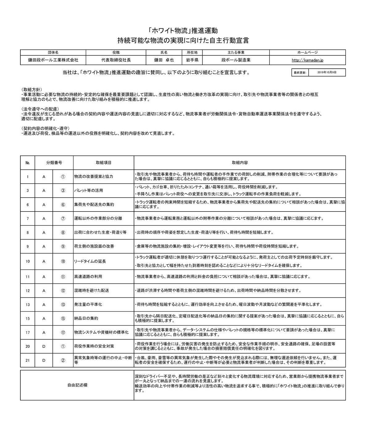 鎌田段ボール工業株式会社 ホワイト物流宣言書